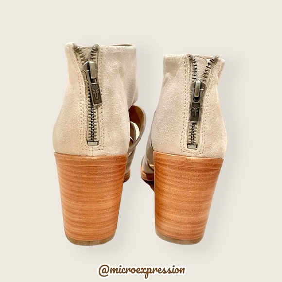 $328 Frye Tash Grey Suede Real Leather Cut Out Strappy Wood PeepToe Ankle Bootie - Picture 7 of 10